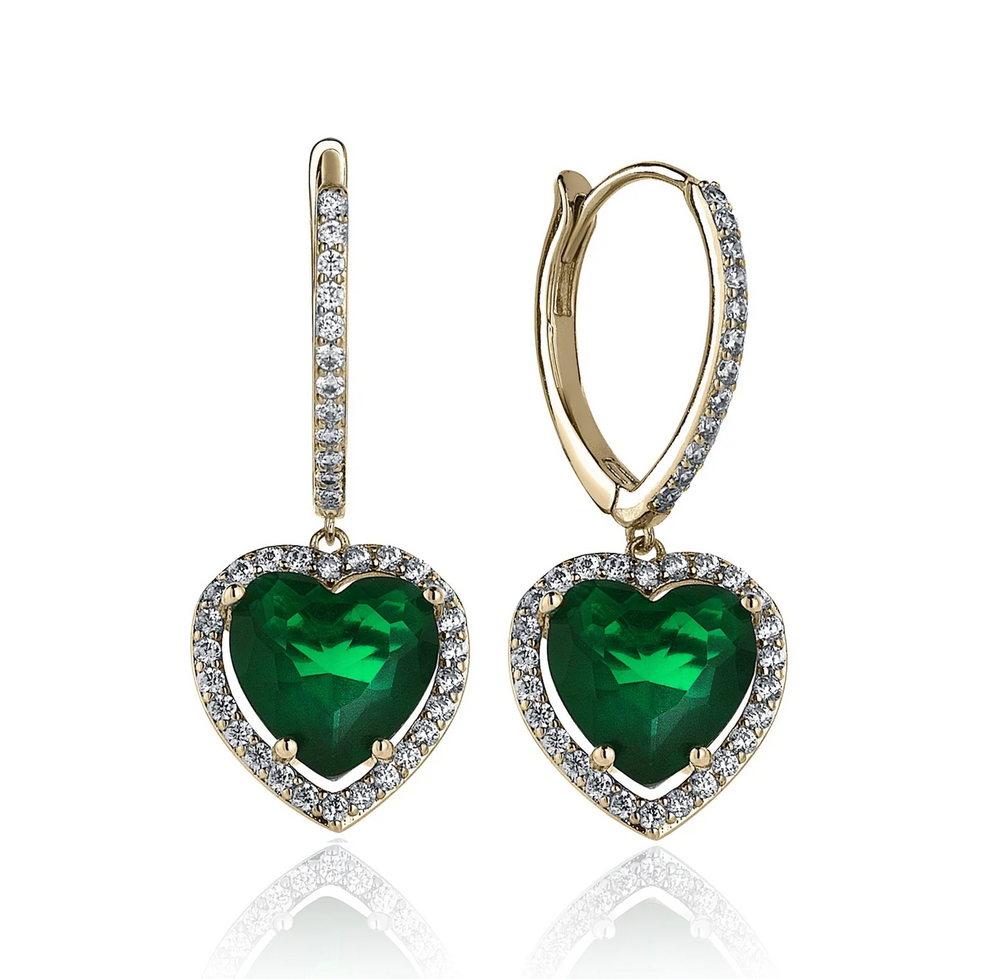 Heart Emerald &amp; Diamond Hybrid Gold Earrings