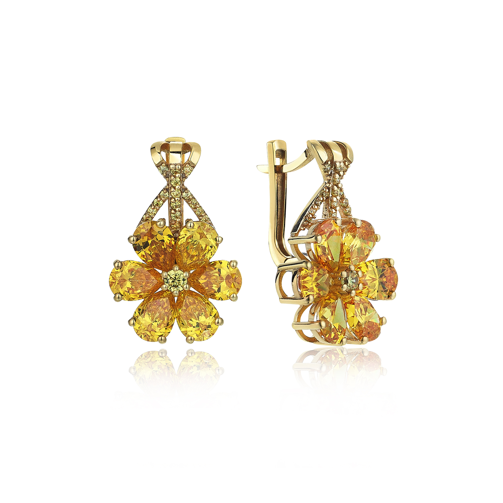 Boucles d'Oreilles Fleur de Magnolia Or Hybride Saphir Jaune 8 Carats