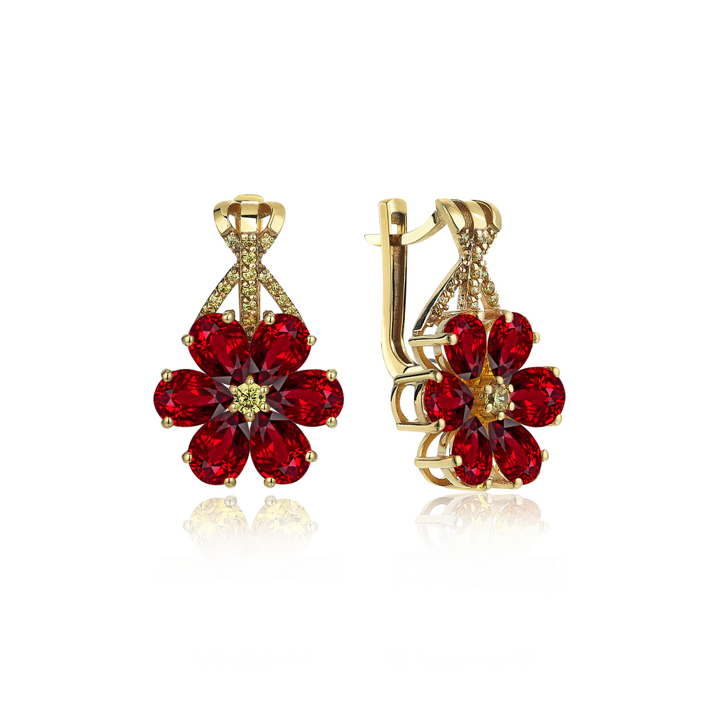 Boucles d'Oreilles Fleur de Magnolia Or Hybride Saphir Jaune 8 Carats