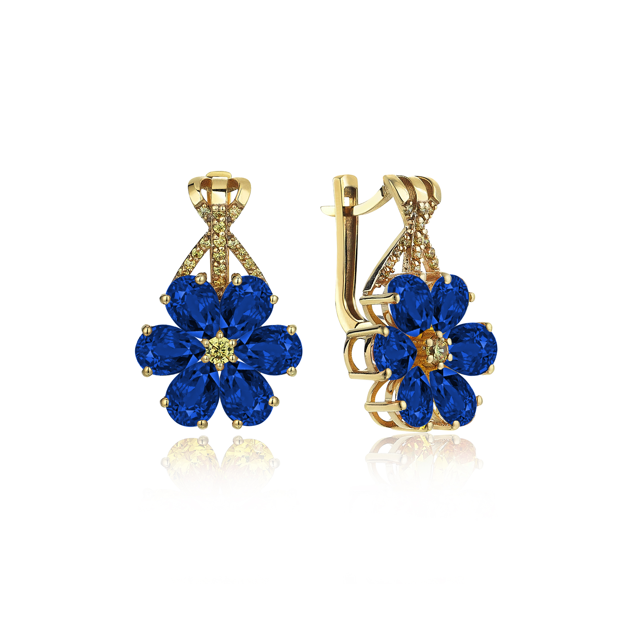 Boucles d'Oreilles Fleur de Magnolia Or Hybride Saphir Jaune 8 Carats