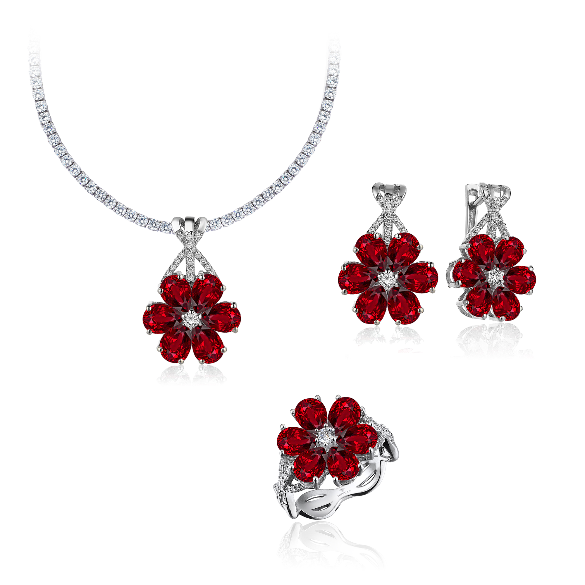 Ensemble fleur de magnolia saphir en or hybride 25 carats et diamants