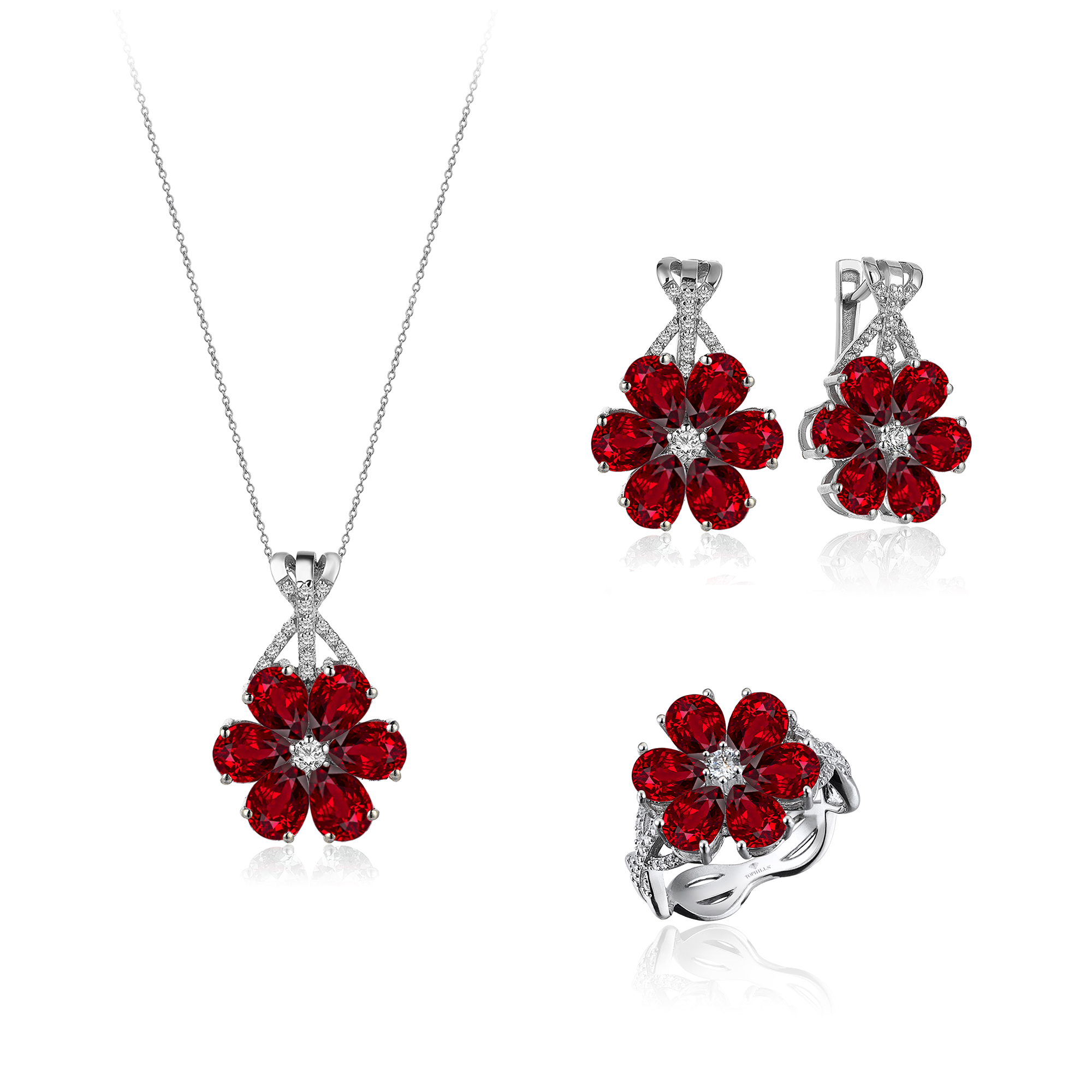 16 Carat Diamond Hybrid Gold Ruby Flower Set